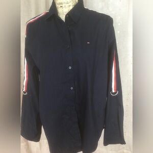 Tommy Hilfiger Med. dark blue blouse w/red and white stripes on the sleeves